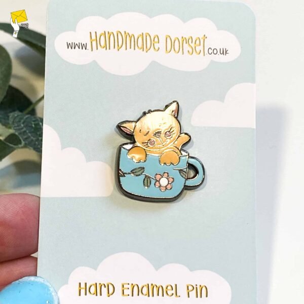 Kitty cat enamel pin, cat in a cup pin