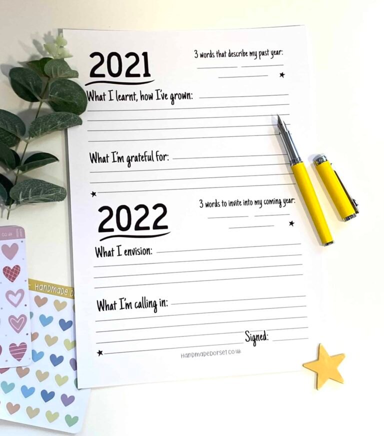 Flat lay with Goal Planner worksheet for 2022, yellow pen and heart stickers sheets