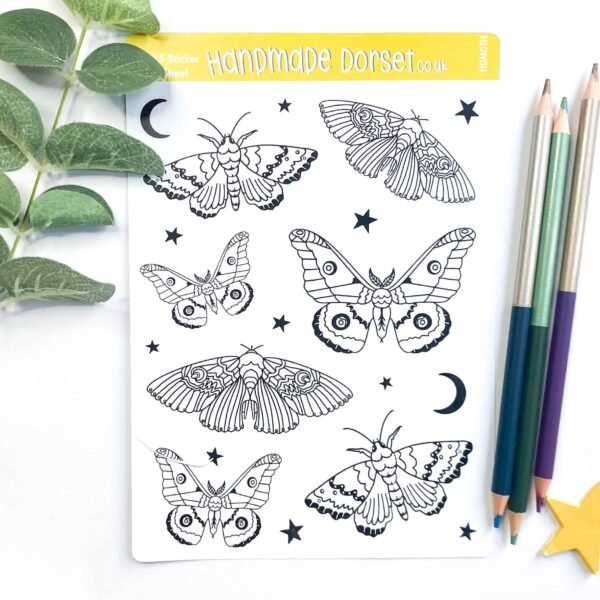 Large colour in moth sticker sheet, moth stickers