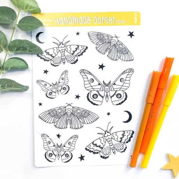 Colour in moth sticker sheet, moth stickers