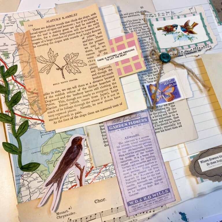 journal page spread using the new kits from Handmade Dorset featuring vintage ephemera