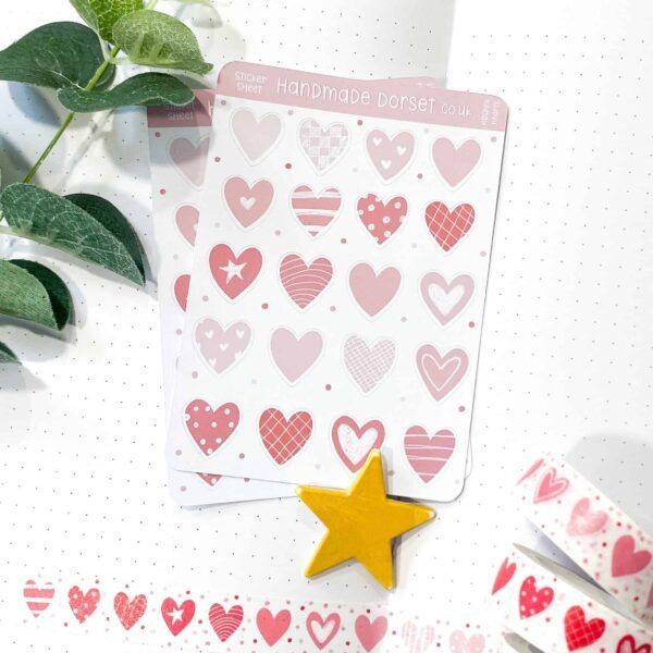 Pink heart stickers sheet, valentines stickers