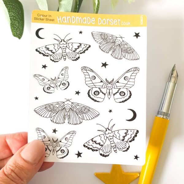 Colour in moth sticker sheet, moth stickers